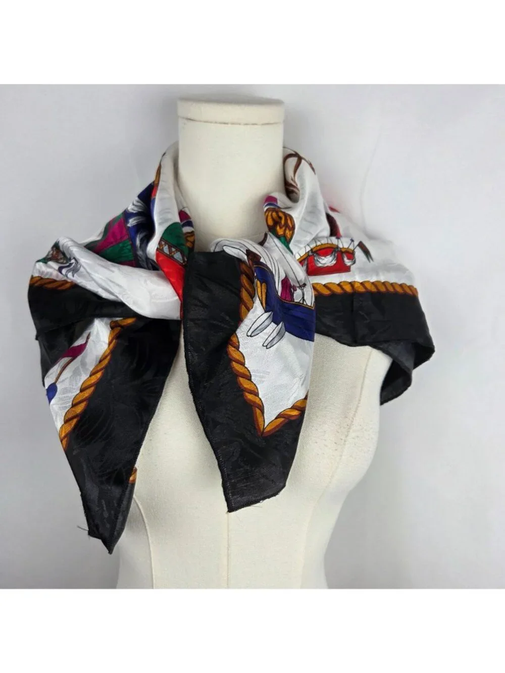 Vintage Hot Air Balloon & Cherub Silk Scarf Black Border White Gold 34